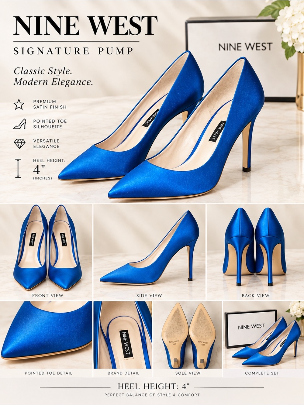Nine West Quintrell Women's Blue Satin Pointed-Toe Pump Heel SZ 10